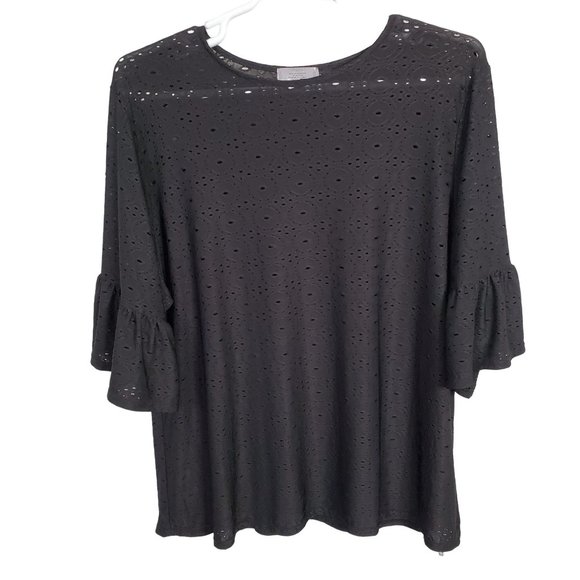Shannon Ford Size 3X Top Peek-A-Boo Eyelet Liquid Jersey Knit Ruffle Sleeves - Picture 2 of 8